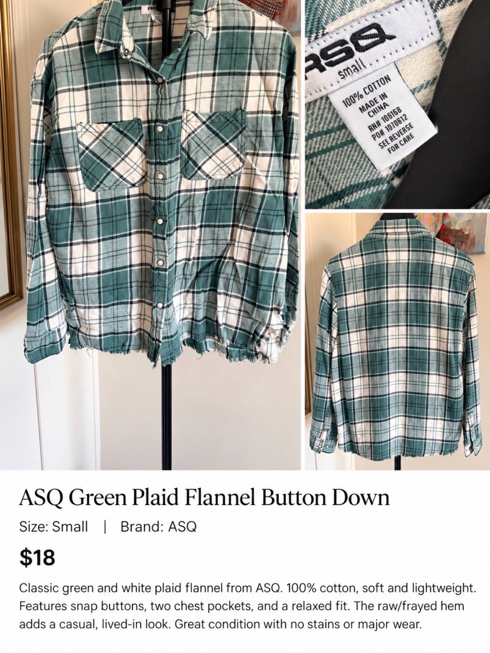 RSQ Green & White Plaid Flannel Button Down Small